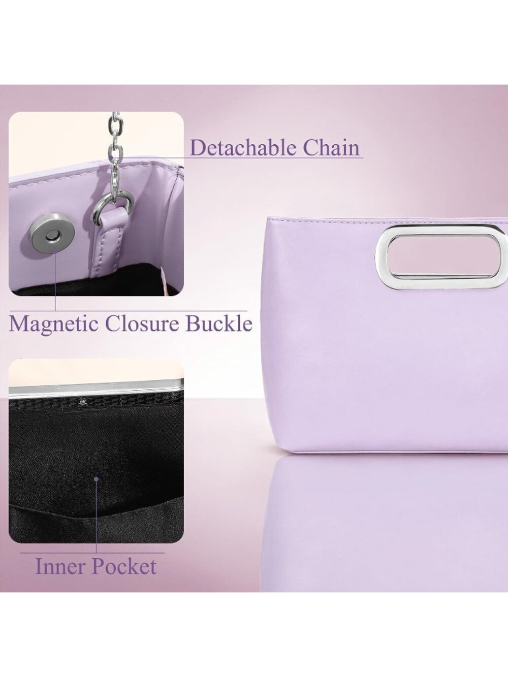 〽️Women Purple Faux Leather Detachable Chain Wedding Party Handbag Clutch Purse - Picture 4 of 6